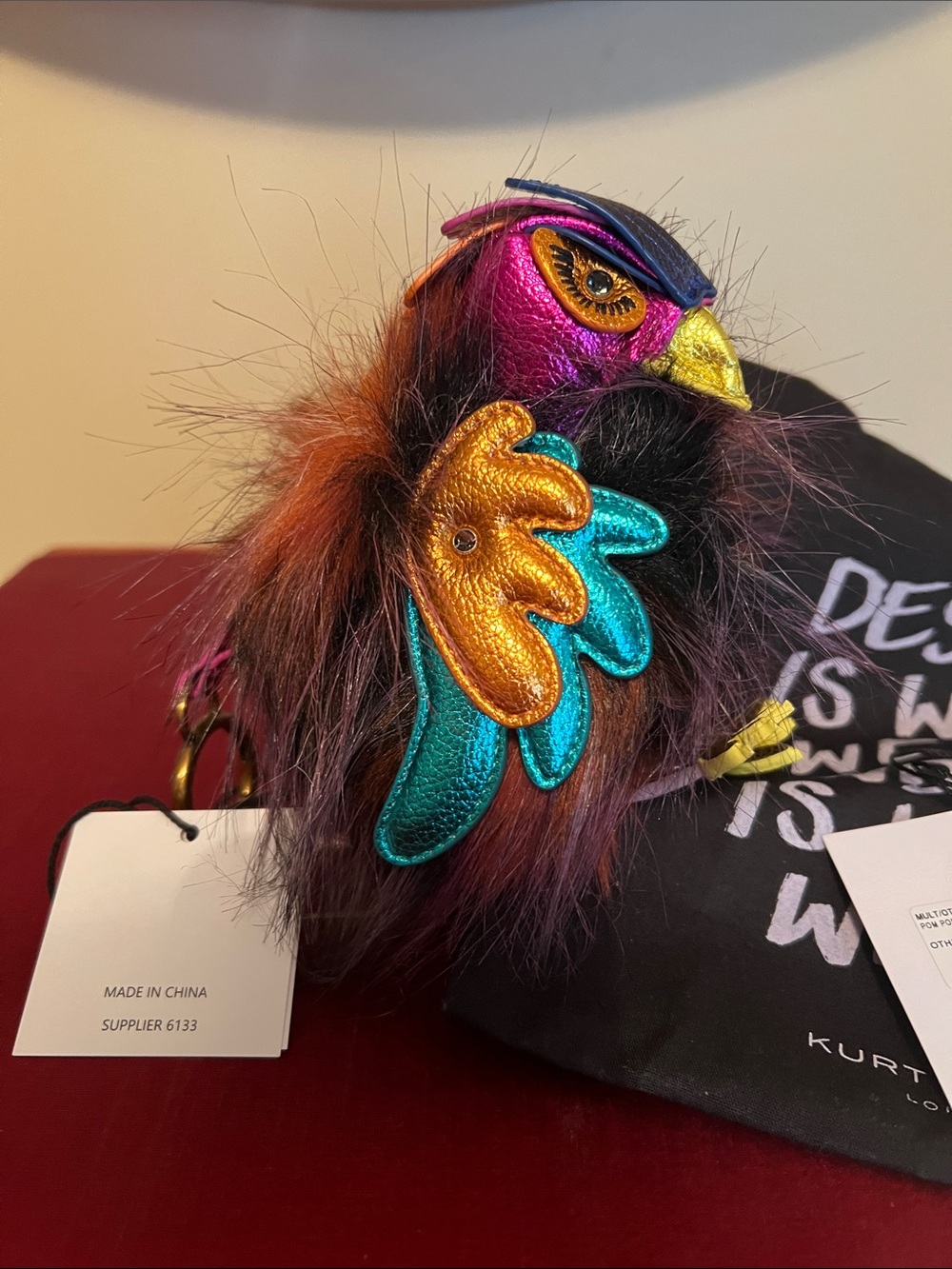 Kurt Geiger Brown Furry Pom PoM Bird bag charm - Picture 3 of 6